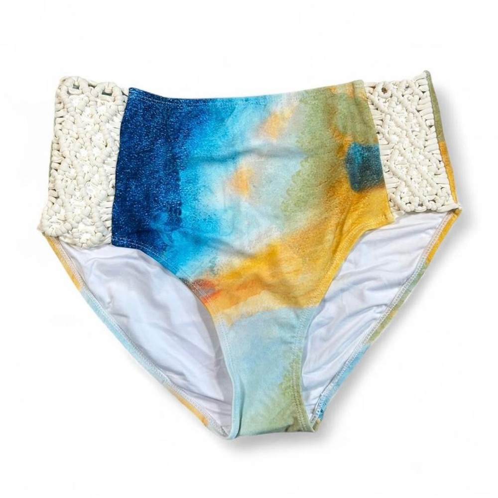 VENUS Blue Yellow crochet High Waisted Bathing suit Bottoms size 8 boho tie dye